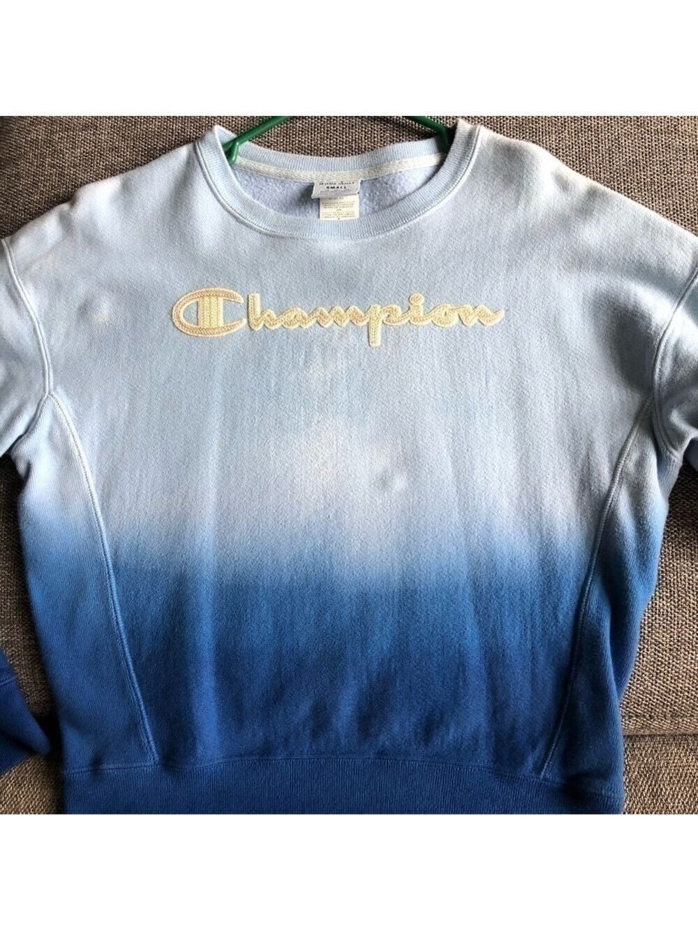 CHAMPION Reverse Weave Blue Dip Dye Script Ombre Crewneck Pullover Sweatshirt S - Picture 3 of 13